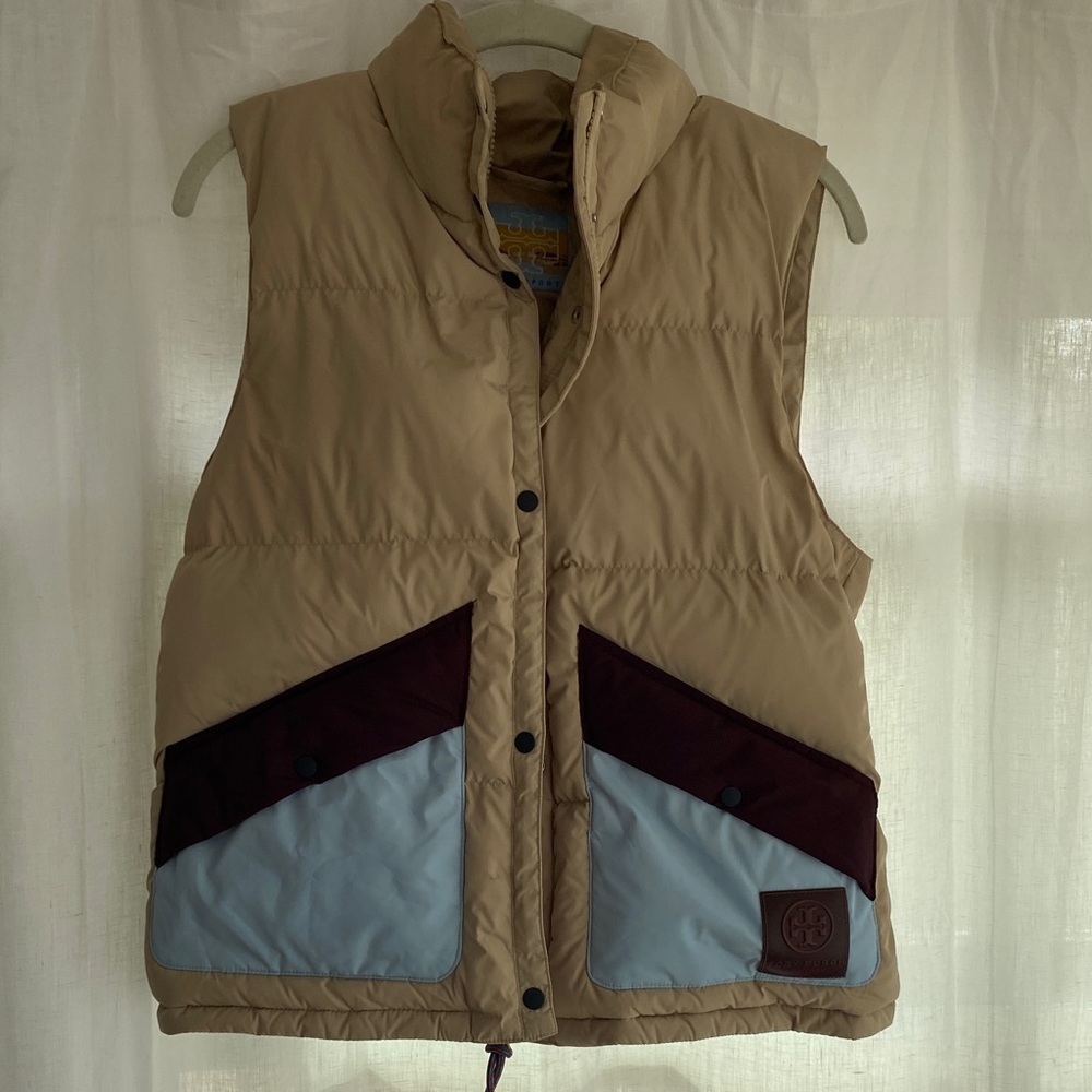 Tory Burch Sport Tan Vest with Burgundy and Blue Accents